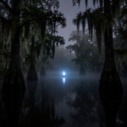 Feu-Follet in a Louisiana bayou, dense fog rolling over dark swamp water