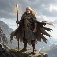 Fionn Mac Cumhaill standing on a rugged Irish coastline, tall fair-haired warrior with weathered cloak