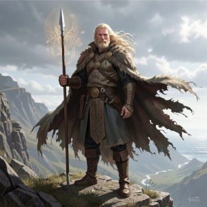 Fionn Mac Cumhaill standing on a rugged Irish coastline, tall fair-haired warrior with weathered cloak