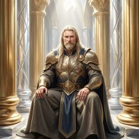Mythlok - Forseti Forseti seated in the radiant hall Glitnir, silver walls glowing softly