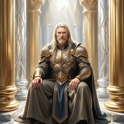 Forseti seated in the radiant hall Glitnir, silver walls glowing softly