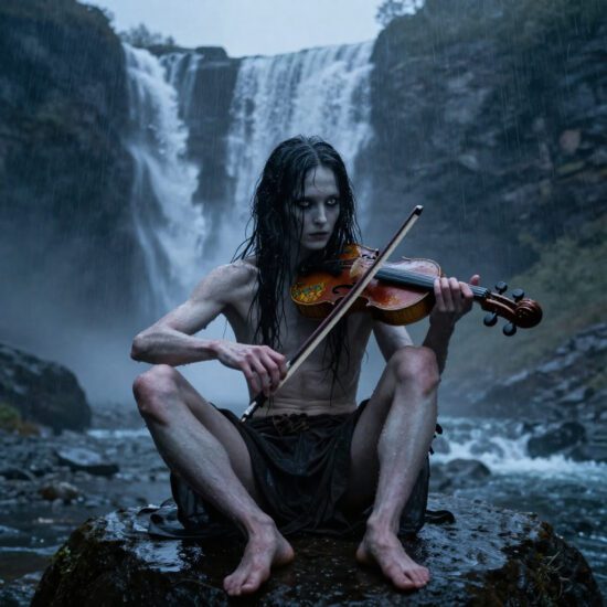 Fossegrim seated beside a roaring Norwegian waterfall at twilight