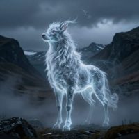 Norse Fylgja emerging in ethereal form, a translucent wolf-shaped spirit with faint human facial features subtly mirrored within its form