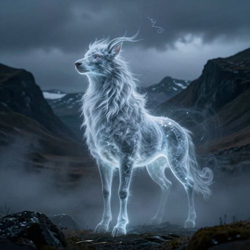 Norse Fylgja emerging in ethereal form, a translucent wolf-shaped spirit with faint human facial features subtly mirrored within its form