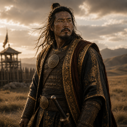 Geser Khan standing on the Central Asian steppe at dawn