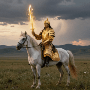 Geser Khan standing on the Central Asian steppe at dawn