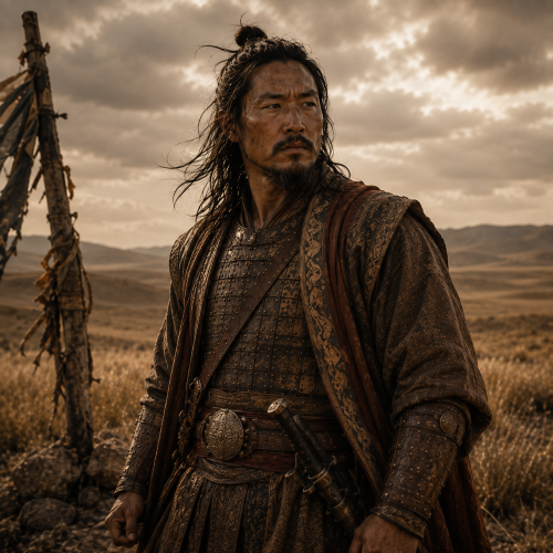 King Gesar of Ling standing on the Tibetan plateau at sunrise, wearing traditional Tibetan warrior armor