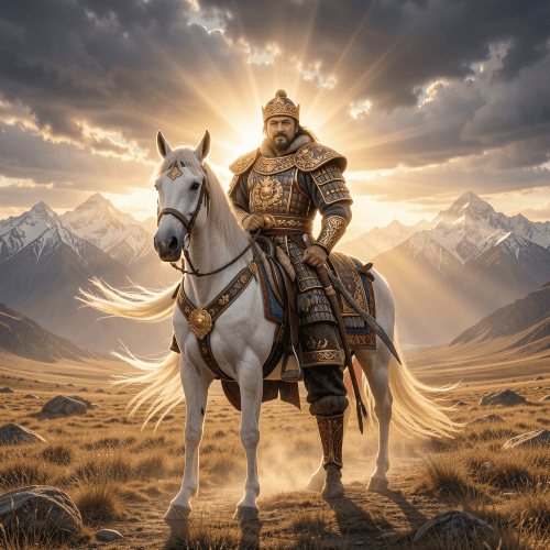 King Gesar of Ling standing on the Tibetan plateau at sunrise, wearing traditional Tibetan warrior armor