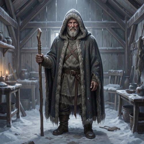 Gestumblindi, the “Blind Guest” from Norse legend, standing inside a dimly lit Viking longhouse