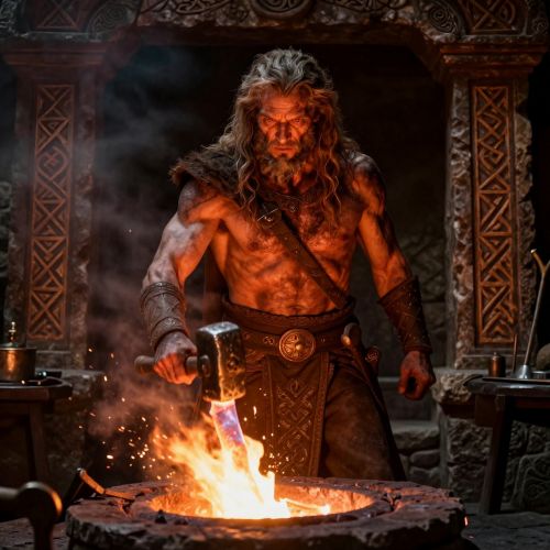 Goibniu, the Irish divine smith, standing within an ancient Celtic forge carved into stone.