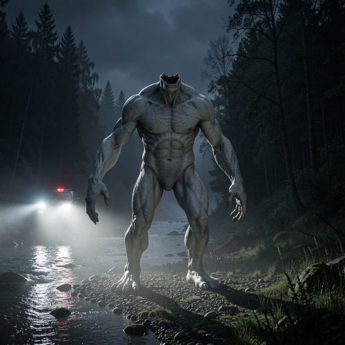 Grafton Monster standing near a mist-covered riverbank at night in rural West Virginia