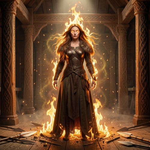 Gullveig from Norse tradition standing inside Odin’s golden hall in Asgard