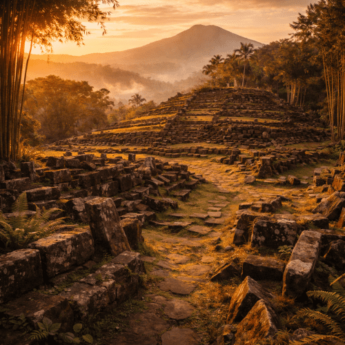 Gunung Padang in West Java, Indonesia, showing five stone terraces