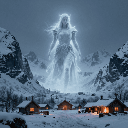 colossal ethereal Norse guardian woman, Hamingja striding across snow-covered Scandinavian mountains under a storm-lit sky