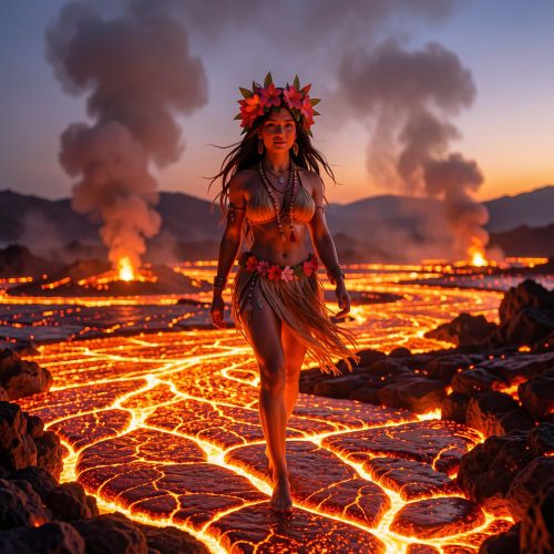 Hawaiian goddess Hiʻiaka walking barefoot across glowing lava fields at dusk, unharmed by flames highlighting Hiʻiaka fire and lava immunity