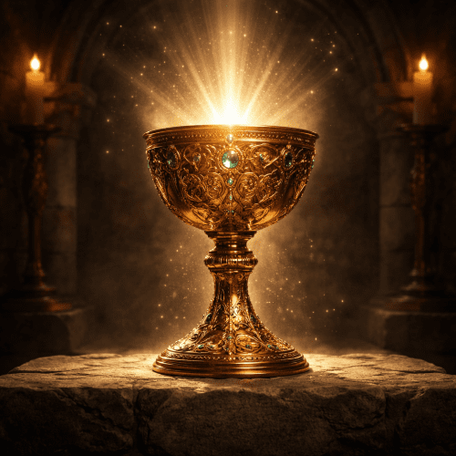 the Holy Grail as an ancient golden chalice resting on a stone altar