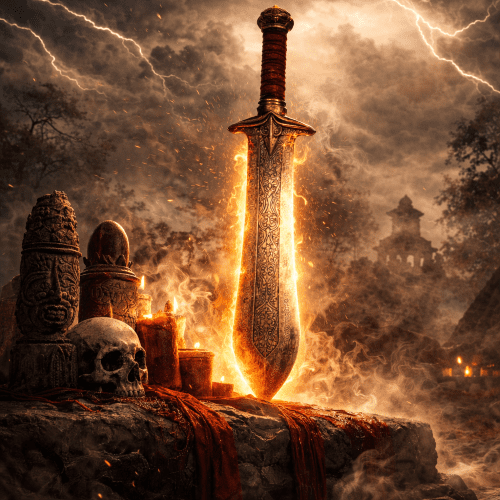 Yoruba Ida sword glowing with spiritual energy, iron blade etched with ritual symbols