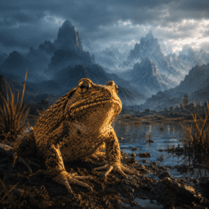 Jamp’atu, the sacred Andean frog spirit, seated at the edge of a mist-covered high-altitude lake near Lake Titicaca at twilight