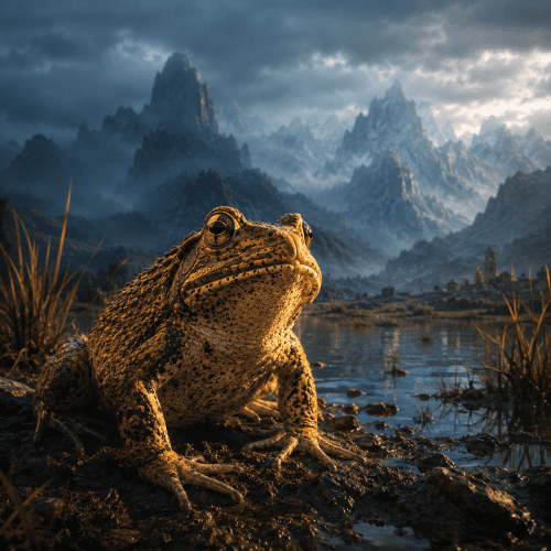 Jamp’atu, the sacred Andean frog spirit, seated at the edge of a mist-covered high-altitude lake near Lake Titicaca at twilight