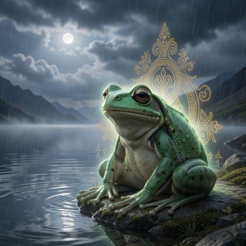 Jamp’atu, the sacred Andean frog spirit, seated at the edge of a mist-covered high-altitude lake near Lake Titicaca at twilight