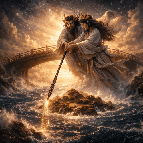 Japanese Creation Story : Birth of the Islands and the Rise of the Kami The Japanese Creation Story where Izanagi and Izanami standing on the Floating Bridge of Heaven, stirring the primordial ocean with a jeweled spear