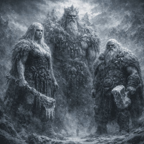 Jötnar from Norse tradition, set in the wild expanse of Jötunheimr.