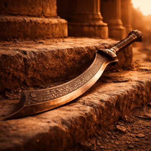 an ancient Egyptian khopesh glowing in golden sunset light inside a grand temple courtyard