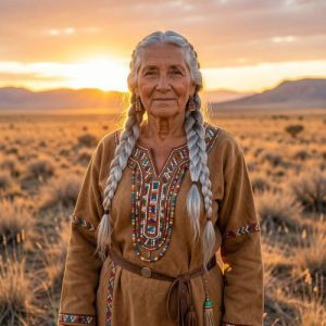 Kipitaakii from Blackfoot tradition, divine elder Indigenous Plains woman standing on the vast Great Plains of Montana and Alberta at golden sunrise