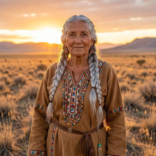 Kipitaakii from Blackfoot tradition, divine elder Indigenous Plains woman standing on the vast Great Plains of Montana and Alberta at golden sunrise