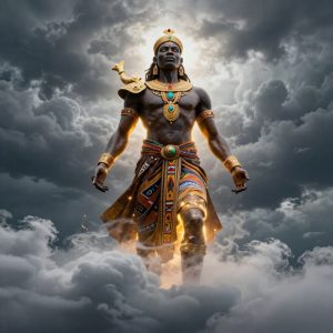 Leza, the supreme sky creator god of the Bemba people of Zambia, portrayed in majestic humanoid form emerging from towering storm clouds