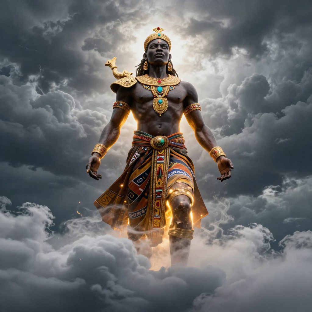 Leza, the supreme sky creator god of the Bemba people of Zambia, portrayed in majestic humanoid form emerging from towering storm clouds