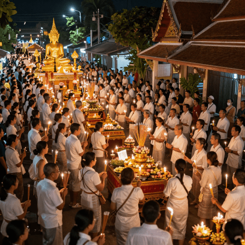 night scene of Magha Puja in Thailand