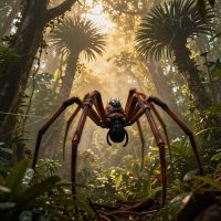mystical giant spider spirit symbolizing Marawa weaving luminous threads between ancient dracaena trees