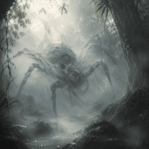 mystical giant spider spirit symbolizing Marawa weaving luminous threads between ancient dracaena trees