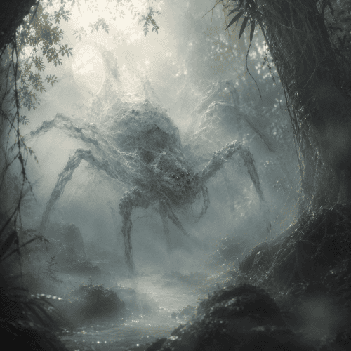 mystical giant spider spirit symbolizing Marawa weaving luminous threads between ancient dracaena trees