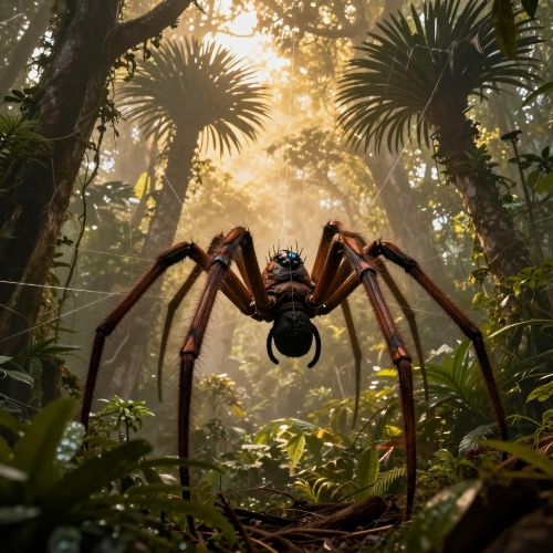 mystical giant spider spirit symbolizing Marawa weaving luminous threads between ancient dracaena trees