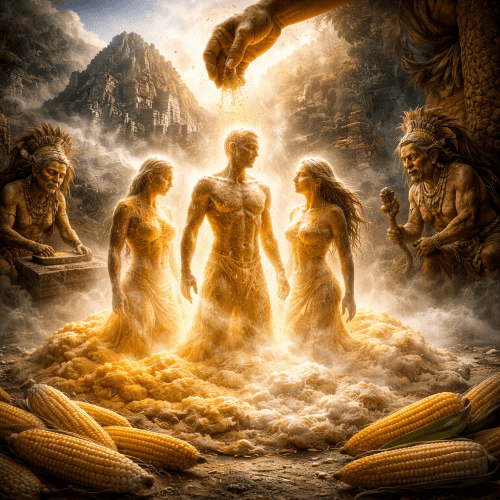 the Mayan Creation Story, showing human figures emerging from glowing yellow and white maize dough,