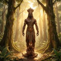Mebere as a transcendent Central African creator deity, standing within a dense equatorial rainforest clearing at dawn