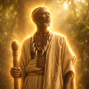 Mebere as a transcendent Central African creator deity, standing within a dense equatorial rainforest clearing at dawn