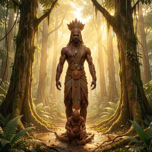 Mebere as a transcendent Central African creator deity, standing within a dense equatorial rainforest clearing at dawn