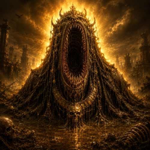 Mot, Canaanite god of death, emerging from a vast shadowy pit in a barren desert landscape