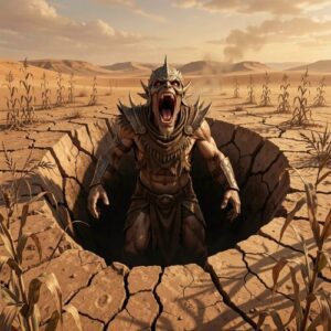 f Mot, Canaanite god of death, emerging from a vast shadowy pit in a barren desert landscape