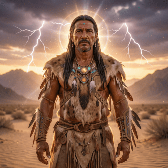 Mukat, the Cahuilla creator deity, depicted as a powerful Indigenous male figure standing in the Southern California desert at twilight