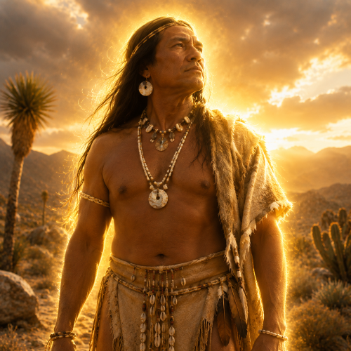 Mukat, the Cahuilla creator deity, depicted as a powerful Indigenous male figure standing in the Southern California desert at twilight