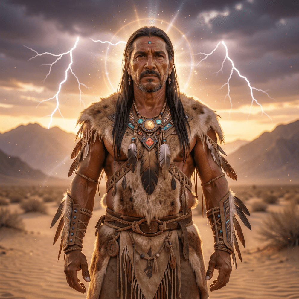 Mukat, the Cahuilla creator deity, depicted as a powerful Indigenous male figure standing in the Southern California desert at twilight