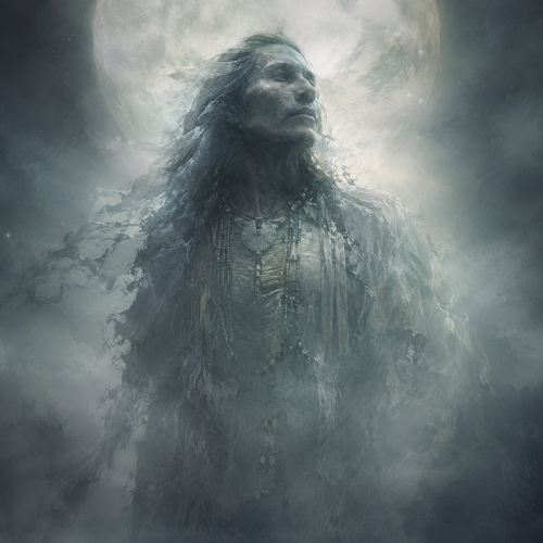 Neesh, the Caddo Moon spirit, emerging from mist beneath a glowing full moon