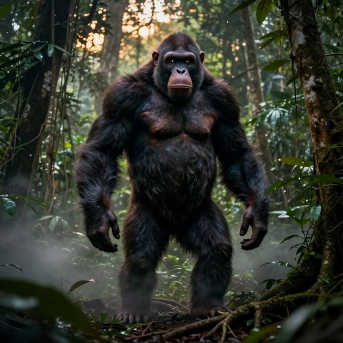 the Nguni Bigfoot standing in the dense Congo rainforest at twilight