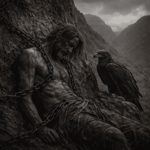 Curse of Eternal Torment, Prometheus chained to a mountain cliff, an eagle descending to devour his liver