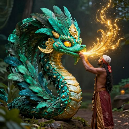 Quetzalcoatl’s radiant feathered serpent form manifesting from luminous boon of vision