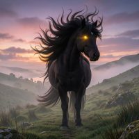 Mythlok - Puca Puca standing on a mist-covered Irish hillside at twilight.